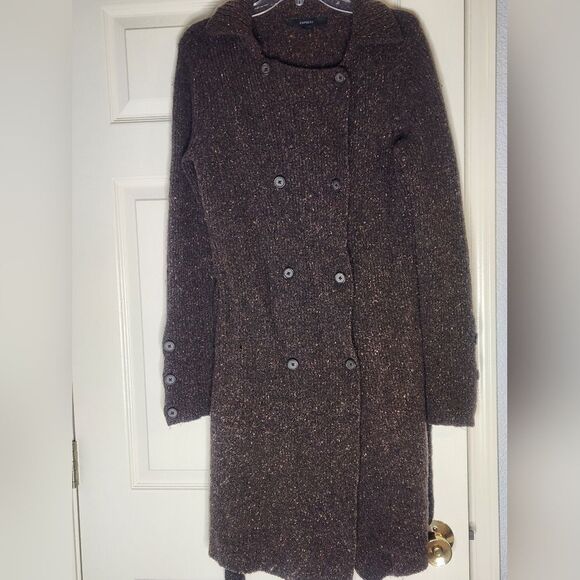 Express L Brown Beige Belt Knitted  WOOL Blend Longsleeve  Buttons Women Peacoat - Picture 2 of 11